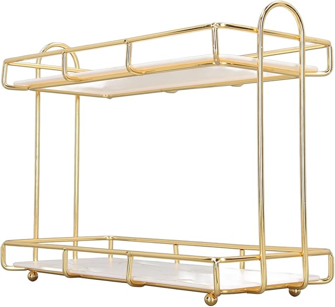 2 Tier Bathroom Shelf Countertop Standing Shelf with Partition Cosmetic Storage Rack Holder Gold (Small 31x23cm)