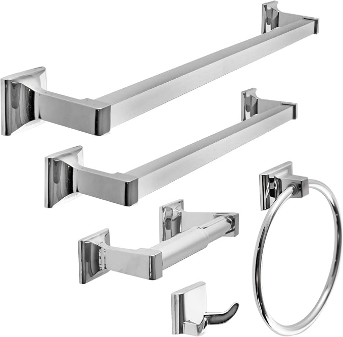 SENTO Cellar Classic Bathroom Accessories Set, Heavy Duty Metal Bath Hardware Set Wall Mounted, Includes Robe Hook, Toilet Paper Holder, Towel Ring, 18” & 24” Towel Bar (5-Piece, Polished Chrome)