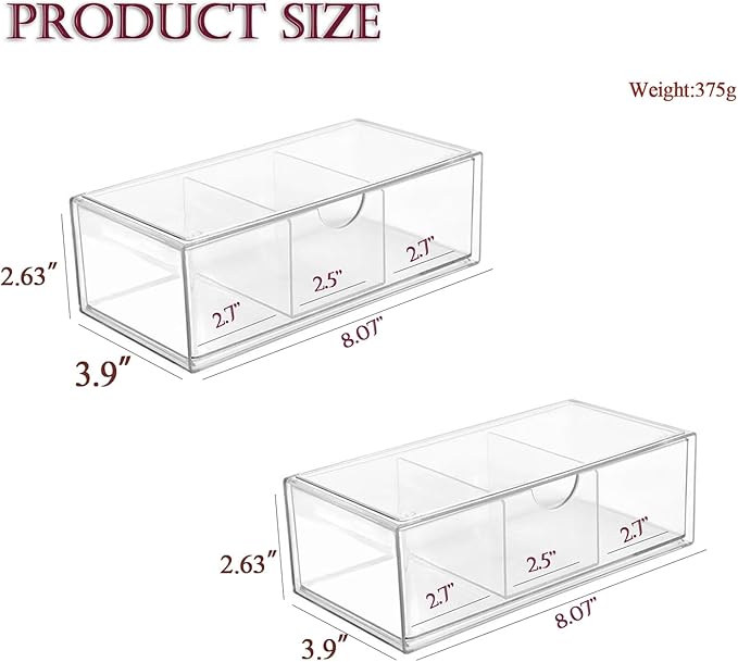 Hair Accessories Organizer for Girls, Clear Acrylic Hair Tie Organizer, or Headband, bows，Cute Small Stackable Storage Drawer Container Caddy Box for Bathroom Vanity Countertop 2PCS