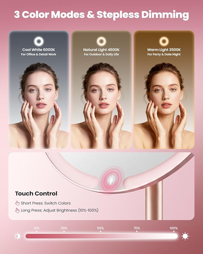 SJZX Cute Pink Lighted Makeup Mirror, Rechargeable Vanity Mirror with 70 LEDs & 1400 Lux, 3 Color Lighting, Dimmable Touch Screen, Portable Detachable Stand for Desk & Tabletop, Women Gift
