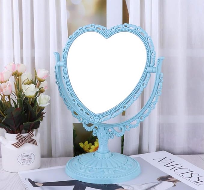 AKOAK Heart-Shaped Cosmetic Mirror - Plastic, Double-Sided, Rotatable, Lightweight - Bathroom & Bedroom Mirror (Blue)