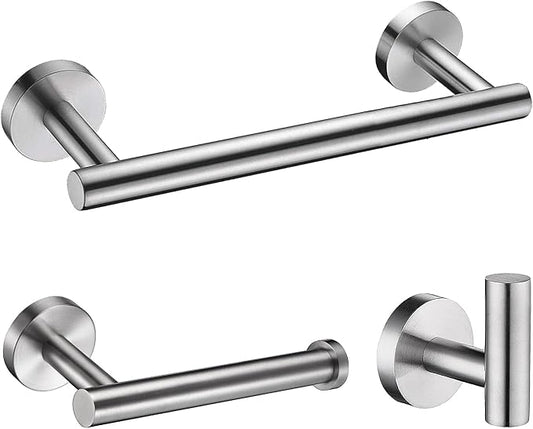 Nolimas 3-Pieces Set Brushed Nickel Bathroom Hardware SUS304 Stainless Steel Round Wall Mounted - Includes 12" Hand Towel Bar, Toilet Paper Holder, Robe Towel Hooks,Bathroom Accessories Kit