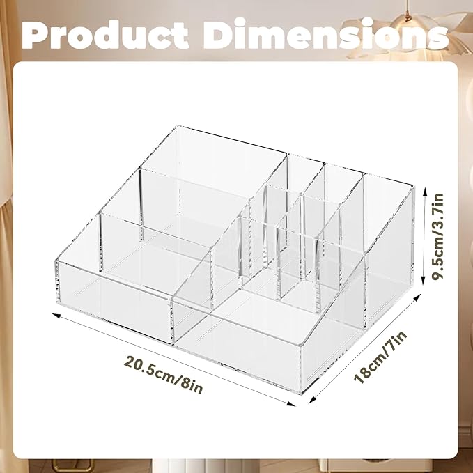 Clear Plastic Countertop Vanity Makeup Organizer, Compact Rectangular 9-Compartment Holder for Brushes, Eyeshadow Palettes, & Beauty Supplies