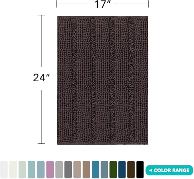 Turquoize Luxury Chenille Bath Rug for Bathroom Rugs Extra Absorbent Bath Mat Non Slip Microfiber Shower Rug for Bathroom Microfiber Shaggy Carpet Rug Size, 17"x 24", Brown