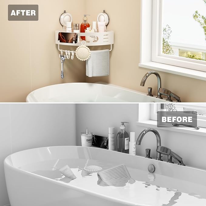 Voldra Corner Shower Caddy Suction Cup, Aluminum Corner Shower Shelves for Wall No Drilling, Large Suction Cup Shower Organizer with Towel Bar & Hooks Removable Bathroom Storage Rack(2 Pack-White)
