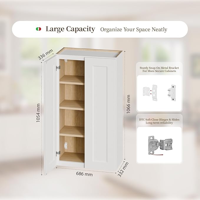 Kisart Laundry Room Cabinets Wall Mounted with Doors & Shelves, Solid Wood RTA Medicine Storage Cabinet, 27Wx42Hx12D Inch White Shaker Hanging Cupboard, Space-Saving for Kitchen, Bathroom, Garage