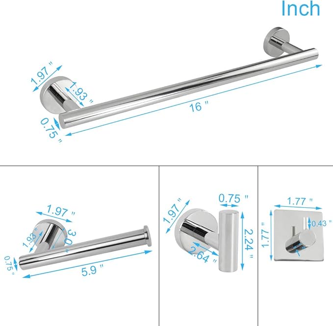 TocTen 5 PCS Bathroom Hardware Set SUS304 Stainless Steel-Towel Rack Set Include Lengthen Hand Towel Bar+Toilet Paper Holder+3 Robe Towel Hooks Bathroom Accessories Towel Bar Set(Polished Chrome,16IN)