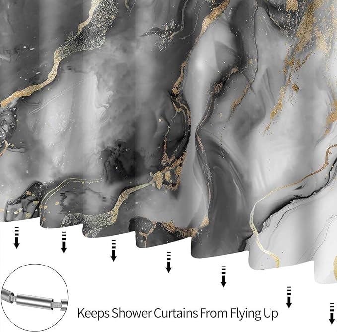 Black Gold Marble Shower Curtain for RV Bathroom Decor, Abstract Luxury Gray Golden Texture Marble Shower Curtains for Bathroom, Luxury Modern Waterproof Bath Decor 47x64 Inches