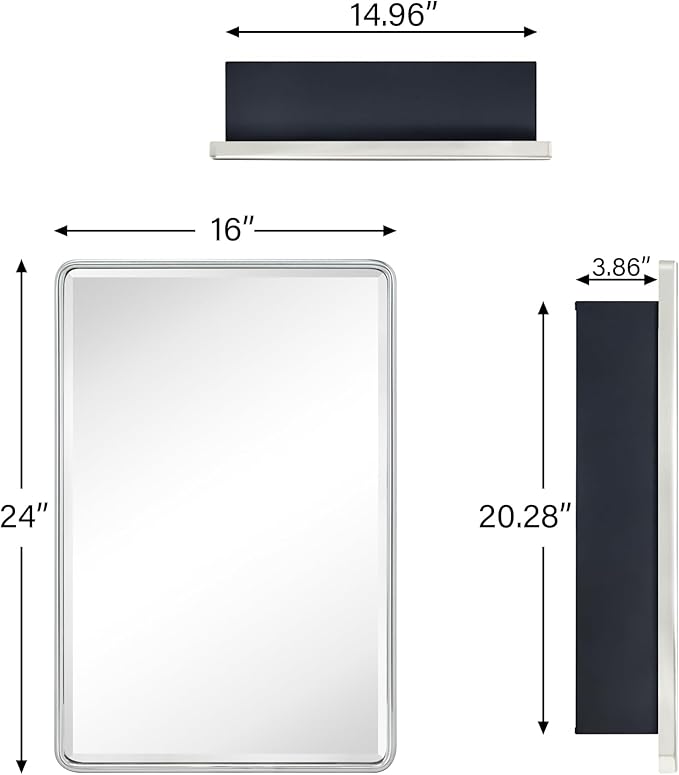 TEHOME Surface Mount 16x24 Brushed Nickel Bathroom Medicine Cabinet with Mirror Metal Framed Rounded Rectangle Medicine Cabinet with Beveled Mirror