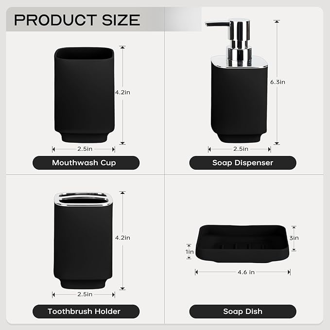 4 Piece Bathroom Accessories Set, Black Boho Bathroom Decor, Bathroom Sets Complete, Soap Dispenser, Toothbrush Holder, Mousewash Cup and Soap Dish, Bathroom Sink Set for Modern Home Decor