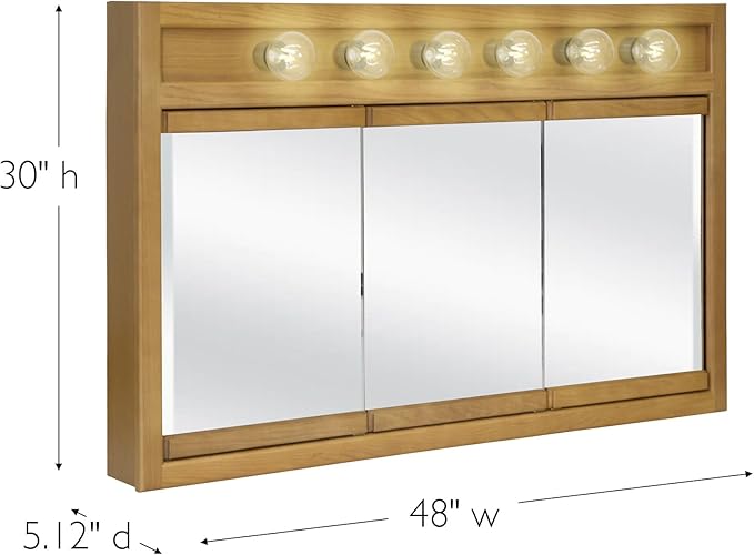Design House Richland Medicine Cabinet with 6 Lights, Fully Assembled, Wall Mounted, 3 Mirrored Doors, Wood Frame, Oak Finish, 48 in x 5 in x 30 in, 530626-NOK