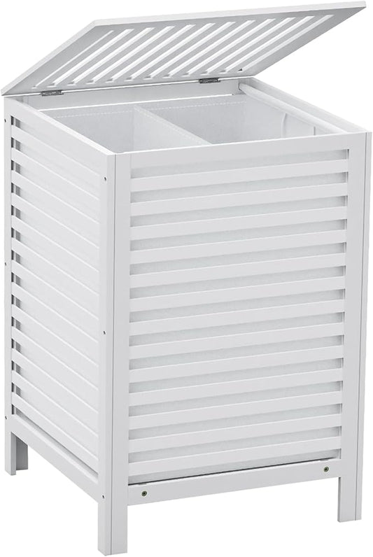 Bamboo Laundry Hamper with Lid, 120L Large Double Laundry Basket with Removable Liner Bag, 2-Section Clothes Laundry Sorter for Bedroom, Bathroom, Laundry Room,18.5 x 18.5 x 25.6 Inches