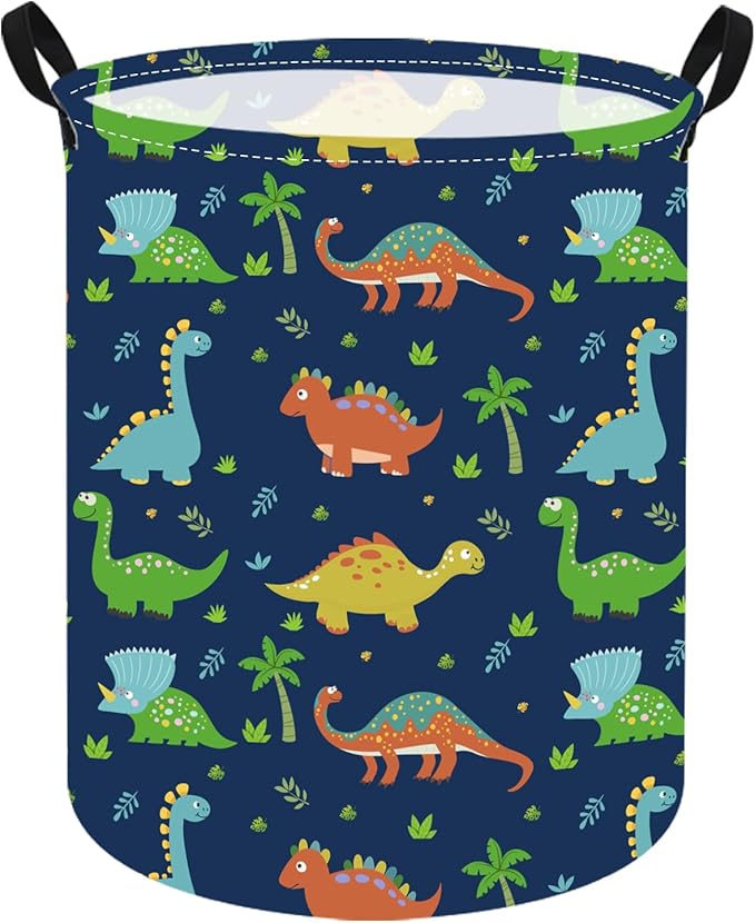KUNRO Round Dinosaur Laundry Gift Basket Storage Hamper, Clothes Storage Organizer Bins, Shelf Basket with Handles for Room Decor