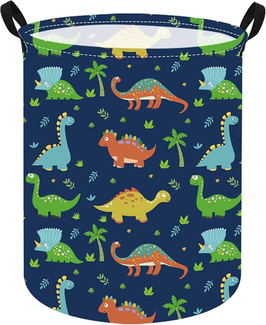 KUNRO Round Dinosaur Laundry Gift Basket Storage Hamper, Clothes Storage Organizer Bins, Shelf Basket with Handles for Room Decor
