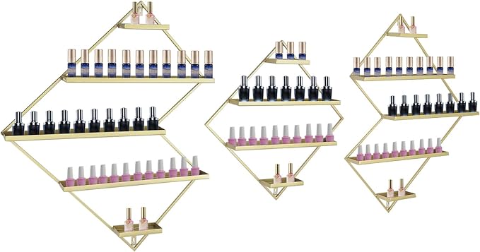 3PCS Nail Polish Storage Racks, 5-Tier Wall-Mounted Metal Cosmetic Display Case Makeup Organizer Wall Shelf for Home Spa Nail Salon Perfume Lipstick (Gold)