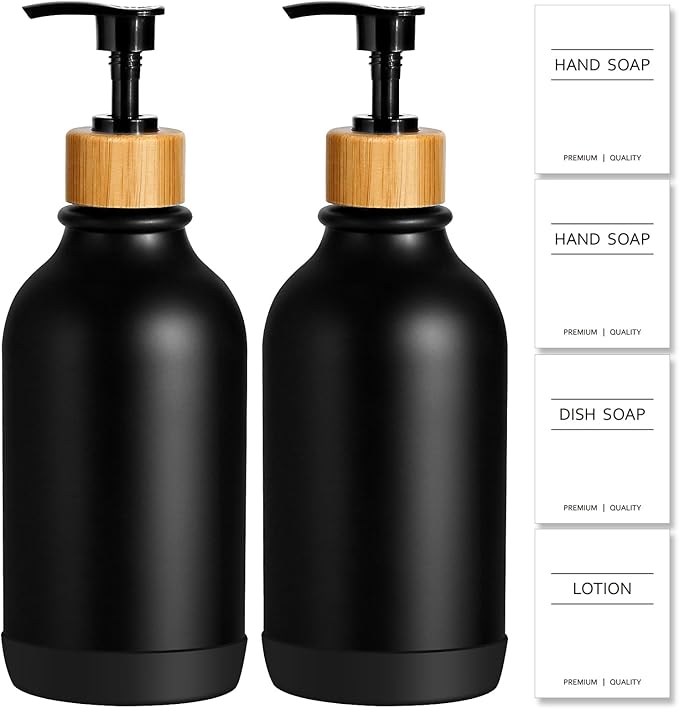 KASUNTING Hand Soap Dispenser Bathroom with Anti-Slip Silicone Boot, Black Dish Soap Dispenser for Kitchen, 2 Pack 17 Fl Oz Plastic Hand and Dish Soap Dispensers Set with Bamboo Pump