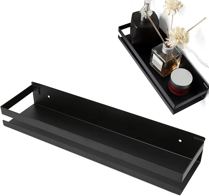 Black Bathroom Rack, Stainless Steel Bathroom Shelf Set with Large Storage Space, Heavy Duty No Drill Shelf for Hotel Dorm Bathroom Kitchen, 40x10x6cm