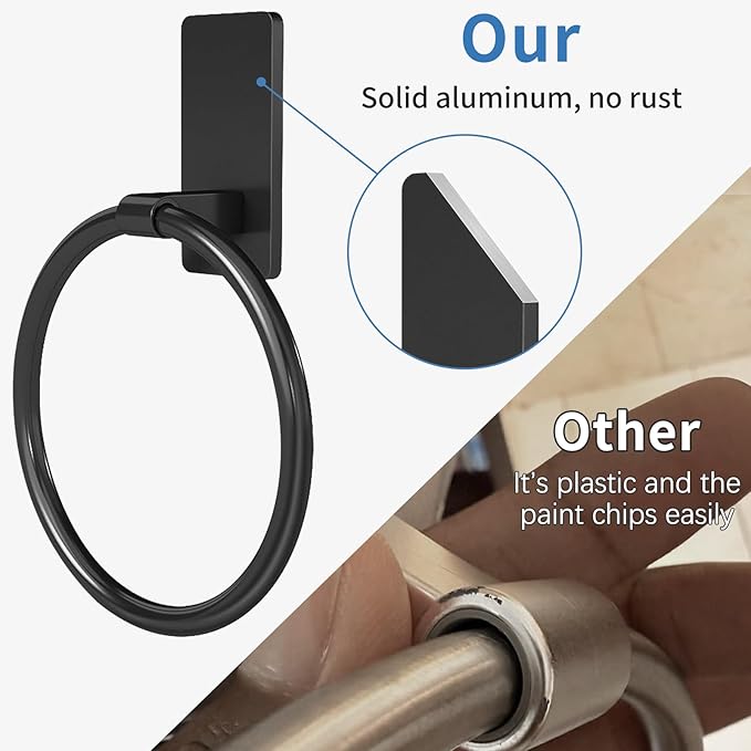 Adhesive Towel Holder, Hand Towel Holder for Bathroom, Self Adhesive Hand Towel Rings, Black, 2 Pack
