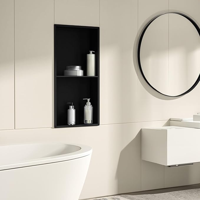 SaniteModar Shower Niche, Stainless Steel Shower Niche No Tile Needed, Recessed for Bathroom Storage (Matte Black, 12x24,Double)