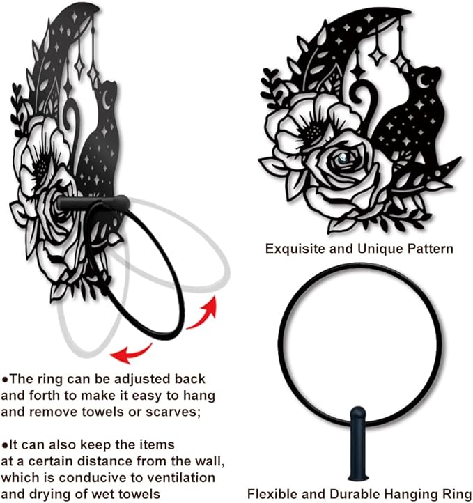 MAYJOYDIY Moon Cat Metal Towel Ring Rose Flower Towel Holder Moon Star Polka Pattern Towel Ring Black Art Towel Rack Wall Mounted for Bathroom Kitchen Towel Hanger Home Decors Gift