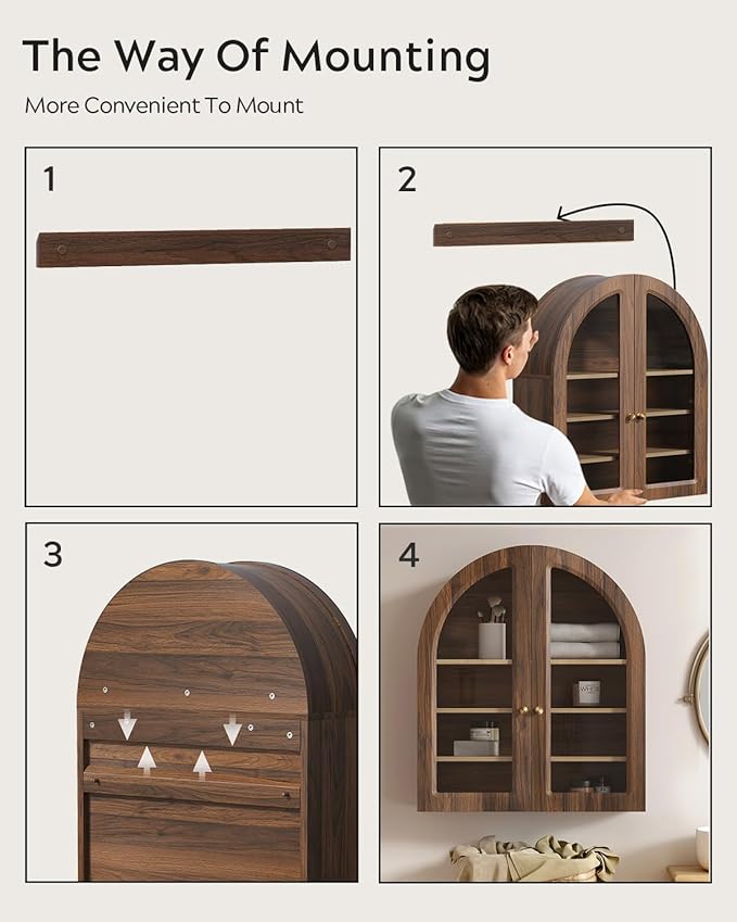 EYYTHUNG Brown Arched Wall Cabinet, Large Wood Bathroom Medicine Cabinet Wall Mounted Cupboard, Modern Floating Storage Cabinet with Acrylic Door Adjustable Shelf, Wood Organizer (Brown-Oak)