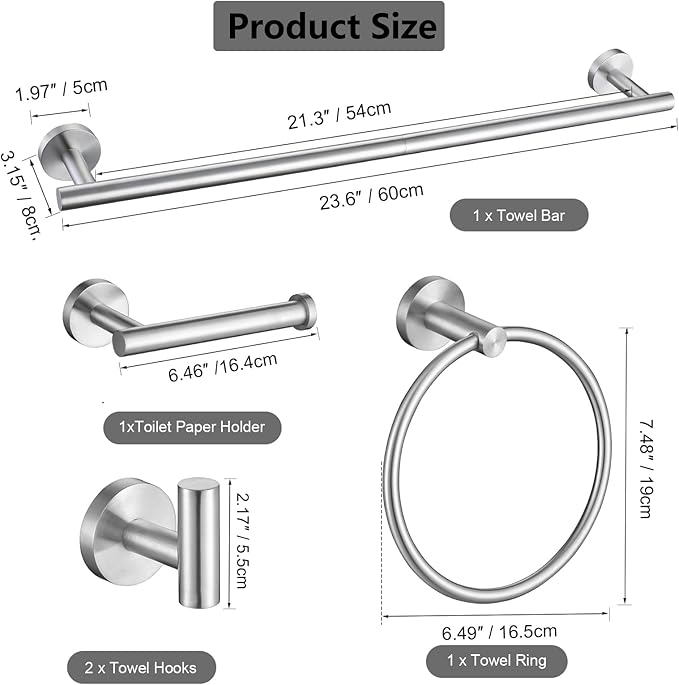 5-Piece Bathroom Hardware Set, Brushed Nickel SUS304 Stainless Steel Bathroom Accessories, 24" Towel Bar, Toilet Paper Holder, Towel Ring & 2 Robe Hooks, Wall Mounted, Rustproof Modern Design