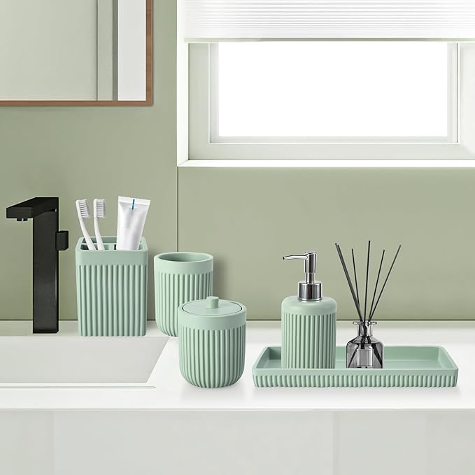 XLHOMO Resin Light Green Bathroom Accessories Set 5 Pcs, Lotion Soap Dispenser, Toothbrush Holder, Bathroom Tumbler, Qtip Holder and Vanity Tray, Bathroom Countertop Organizer Set for Modern Apartment