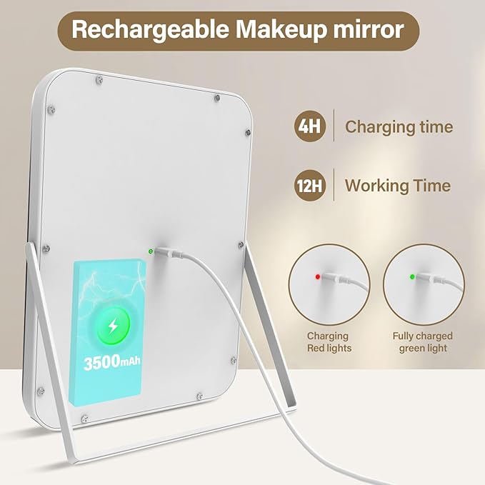 halumao 14.5" Rechargeable Vanity Mirror with Lights, 3500 mAh Lighted Makeup Mirror, Smart Touch 3 Colors Dimmable, Tabletop Mirror for Makeup Desk, Memory Function