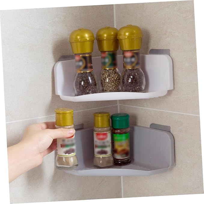 OSALADI 1set Wall Mounted Corner Shelf No Punching Triangle Plastic Storage Rack for Bathroom Kitchen Grey White Durable Design for Organizing Toiletries Creams and More 2pcs