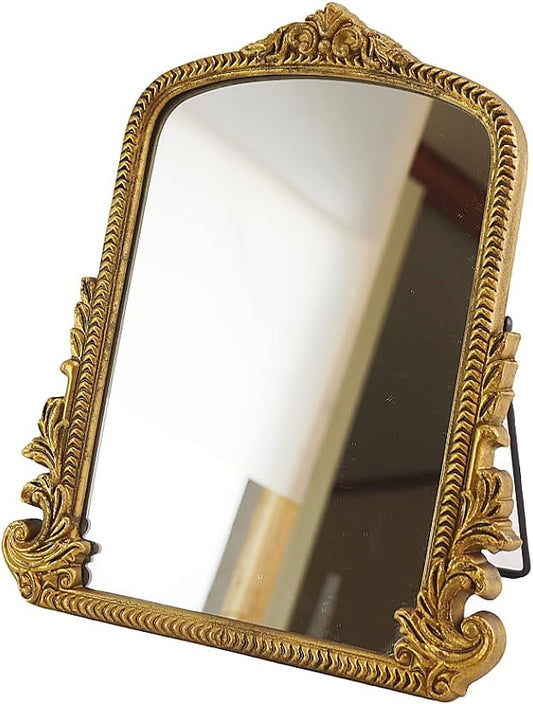 2026 Spring Women's Gifts Small Vintage Vanity Makeup Desk Mirror Antique Traditional Chic Arch Table Mirror Gold，Decor Wood Carved Mirror for Living Room,Bedroom,Tabletop 11.8" x 9.6"