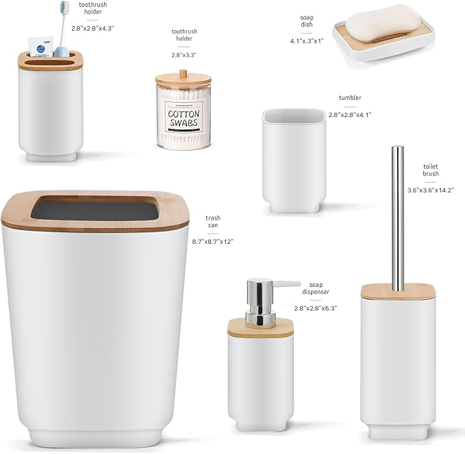 IMAVO 11 Piece White Bathroom Set, Trash Can, Toilet Brush, Storage Tray, Complete Bathroom Accessories Organization Kit for Bathroom Décor and Home Gifts