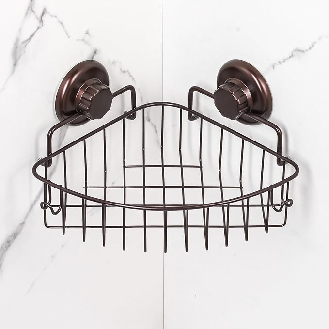 HASKO accessories Suction Cup Corner Shower Caddy - 304 Stainless Steel Shower Shelf - Adhesive 3M Stick Discs Included - Bathroom Caddy with Hooks - No Drilling Bathtub Storage Organizer (Bronze)