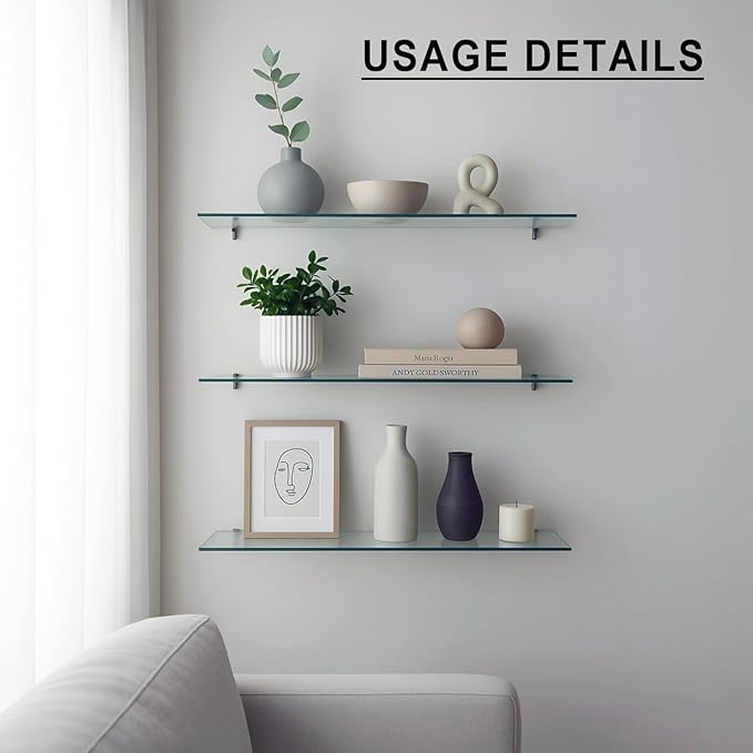 10" x 44" 5-PCS Tempered Glass Shelf, Rectangular Frameless Glass Shelves - 3/16" Thick, Suitable for Bookshelves, Display Cases, Retail Fixtures and Tabletops