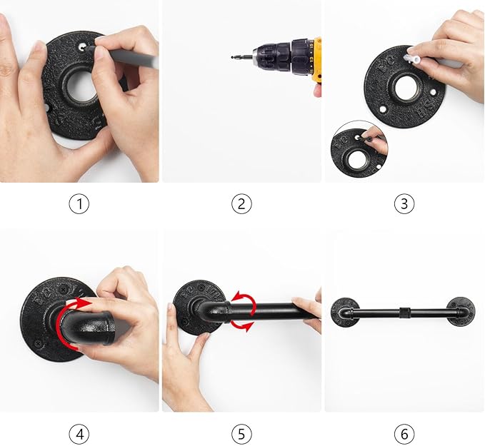 5-Pieces Industrial Pipe Bathroom Accessories Hardware Kit DIY Wall Mounted Includes Towel Bar Robe Hooks Toilet Paper Holder and Towel Ring (Black, 18 Inch)