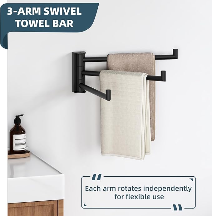 Aomasi Matte Black Swivel Towel Bar, 304 Stainless Steel Rotating Towel Rack with 3 Arms, Space Saving Wall Mounted Hanger for Bathroom, Kitchen, RV, Laundry Room