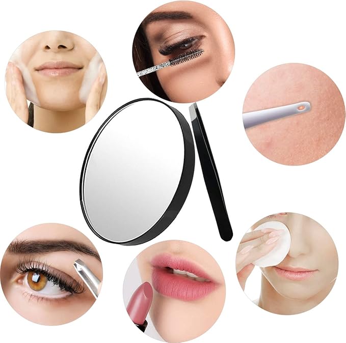 10X Magnifying Makeup Mirror with 1 Tweezers Portable Round Mirror 2 Suction Cups Travel Set for Eyebrow Tweezing Blackhead Blemish Removal Bathroom Magnified Cosmetic Mirror (Diameter 4.3 inches)