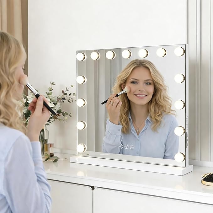Hollywood Vanity Mirror with Lights, 22.05"x18.11" Hollywood Mirror with 10X Magnification, 3 Color Lighting Modes & 15 Dimmable LED Bulbs Makeup Vanity Mirror for Desk Wall-Mounted