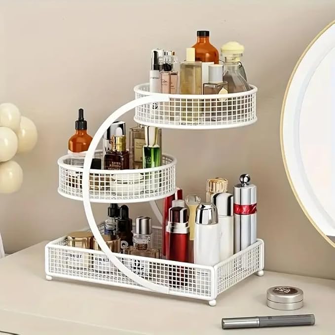 3-Tier Metal Cosmetic Organizer,Cosmetic Storage Rack for Vanity Tables,Multipurpose Metal Bathroom Organizers and Storage, Home and Office use Countertop Organizer (Round-White)