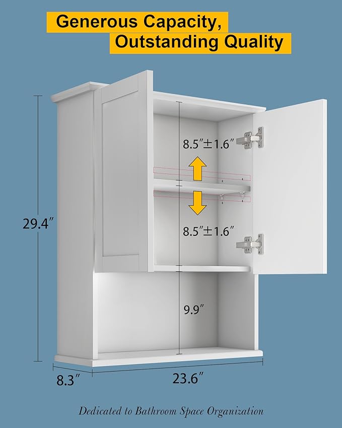 Bathroom Cabinet Wall Mount Buffering Hinge,23"x29" inch Over Toilet Storage Cabinet and Adjustable Shelves, Large Space Wooden Medicine Cabinet
