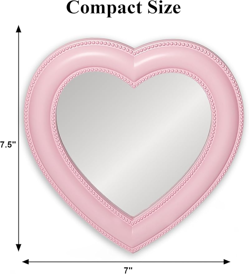 Magnetic Locker Mirror with 6 Heart Magnets, 6.9"x7.3" Heart Magnetic Mirror for School Locker, Locker Accessories Magnetic Makeup Mirror for Girls Bathroom Fridge Office Cabinet Gym Locker (Pink)