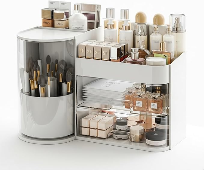 Makeup Organizer with Rotating ,Large Bathroom Countertop Cosmetic Organizer with Brushes Holder,Skincare Storage Organizer,Ideal makeup holder for Skincare,Lipstick and other items (Simple white)