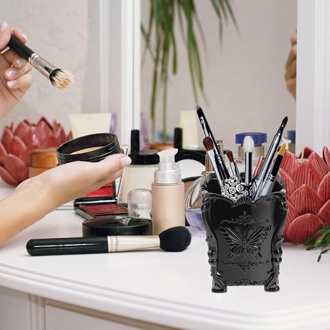 Operitacx Black Acrylic Makeup Brush Holder Cup with Butterfly Carved Design Cosmetic Organizer for Vanity Desktop Storage 3.93X3.14X3.14 Inch
