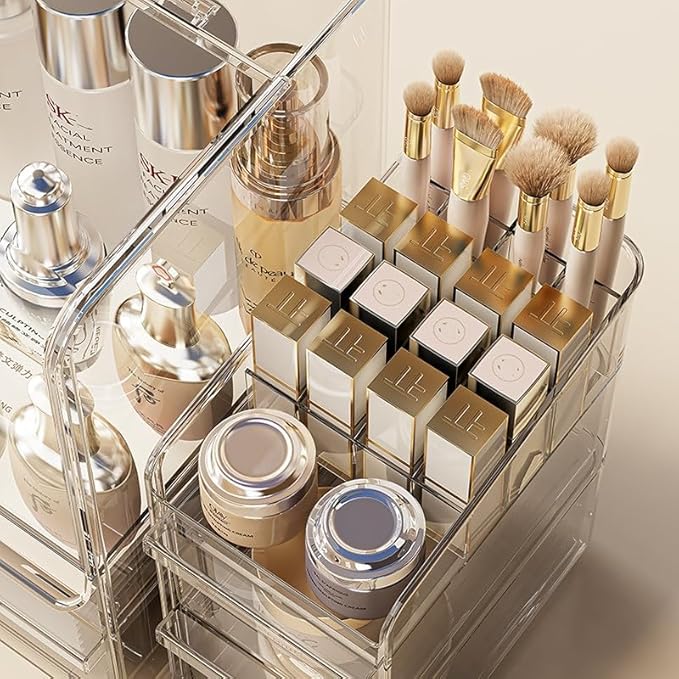 Makeup Organizer with Lid Drawers Translucent Skincare Holder Large Capacity Cosmetics Countertop Storage Box for Vanity Easy Visibility Dustproof (Silver Dark,Large + Brush Holder)
