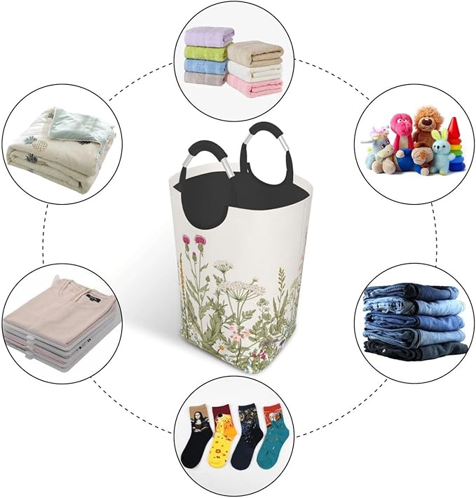 Vintage Floral Plants Laundry Basket Wild Flowers Herbs Foldable Collapsible Laundry Hamper with Handles Clothes Storage Bin 50L