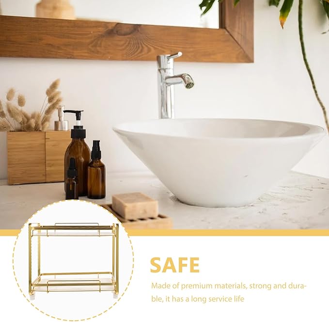 Toyvian 2-Tier Bathroom Counter Organizer Shelf, Marble Texture Alloy Frame with Anti-Slip Feet, Cosmetic Rack and Corner Storage Shelf for Bathroom and Vanity Storage