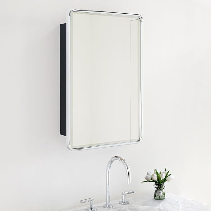 TEHOME Surface Mount 16x24 Polished Nickel Bathroom Medicine Cabinet with Mirror Metal Framed Rounded Rectangle Medicine Cabinet with Beveled Mirror