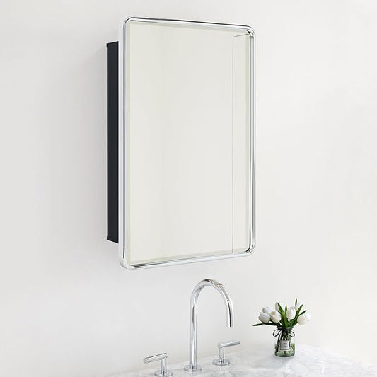 TEHOME Surface Mount 16x24 Polished Nickel Bathroom Medicine Cabinet with Mirror Metal Framed Rounded Rectangle Medicine Cabinet with Beveled Mirror