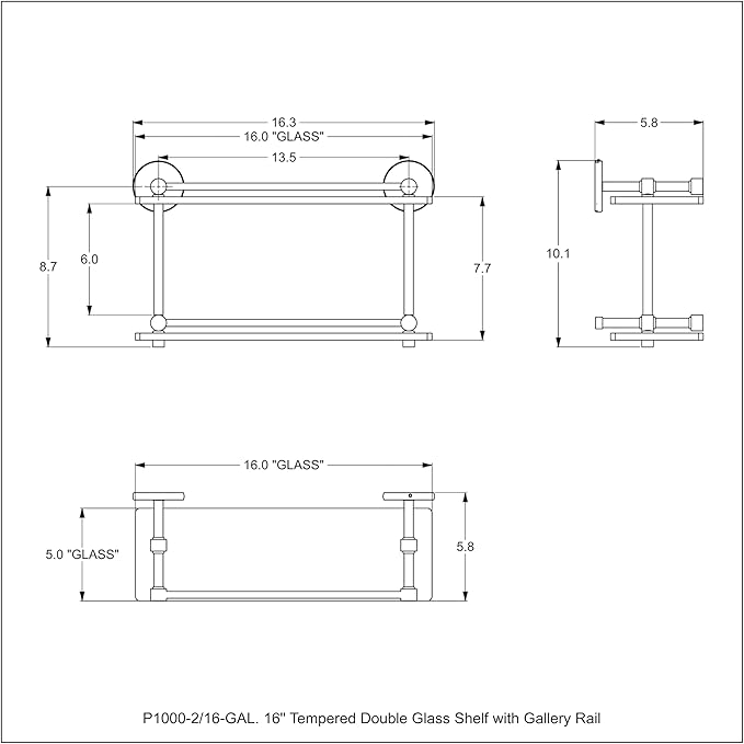 Allied Brass P1000-2/16-GAL-WHM 16 Inch Tempered Double Glass Gallery Rail Shelf, Matte White
