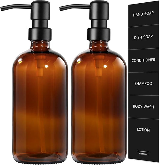 GMISUN Amber Glass Soap Dispenser, 2 Pack Bathroom Hand Soap Dispensers with Stainless Steel Pump, 17 Fl Oz Kitchen Hand and Dish Soap Dispenser Set, Modern Vintage Liquid Brown Soap Dispensers Bottle