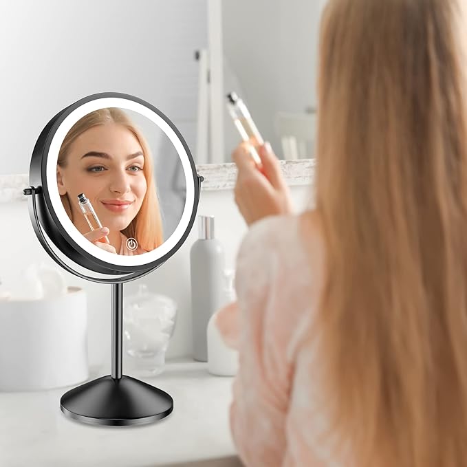 Benbilry 8 Inch Lighted Makeup Vanity Mirror with Lights 3 Color Dimmable, 1X/10X Magnifying Rechargeable Double Sided Light Up Cosmetic Mirror, 360° Swivel Cordless Standing, Black